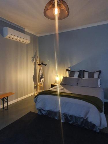 a bedroom with a large bed with a light on it at The Red Shed in Matamata