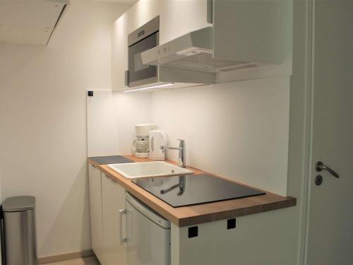 une cuisine avec un évier et un plan de travail dans l'établissement Appartement rénové à 20m des pistes, WIFI, parking privé, 4 couchages à Vars - FR-1-330B-23, à Vars