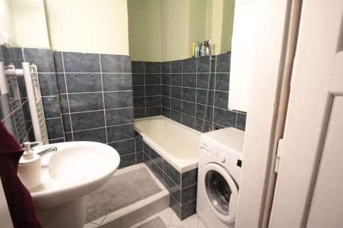 uma casa de banho com um lavatório e uma máquina de lavar roupa em 2 Bedrooms close Vyšehrad - Congress centrum em Praga