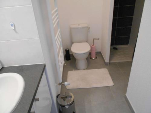 une petite salle de bain avec toilettes et lavabo dans l'établissement Appartement T2 Cabine Climatisé, Terrasse, Parking Privé, Au Grau-du-Roi, Proche Plage et Centre - FR-1-250-175, au Grau-du-Roi