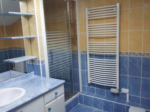 uma casa de banho com um lavatório e uma cabina de duche em vidro. em Appartement Port Camargue, 3 pièces, 6 personnes - FR-1-250-192 em Le Grau-du-Roi