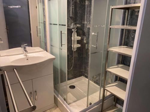 une salle de bain avec douche et lavabo dans l'établissement Appartement 2 pièces avec parking privé au Grau-du-Roi - FR-1-250-233, au Grau-du-Roi