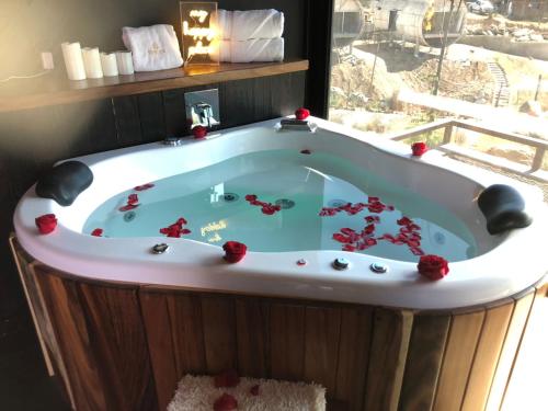 a jacuzzi tub with red flowers in a room at TEMEXKAL RESORT in Ensenada