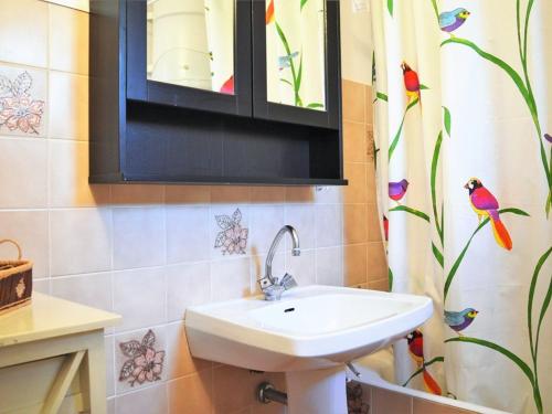 La salle de bains est pourvue d'un lavabo et d'un rideau de douche avec des oiseaux. dans l'établissement Studio coin nuit proche plage avec parking - Le Lavandou - FR-1-251-83, au Lavandou