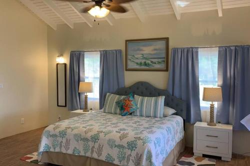 um quarto com uma cama com cortinas azuis e 2 candeeiros em The Pearl - Spacious Air Conditioned 3BD, 2BTH Villa with Gorgeous Views em Old Road