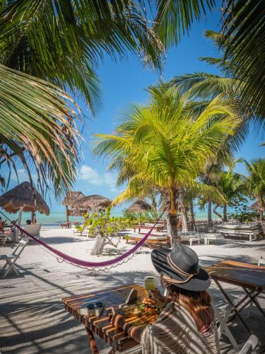 a woman sitting on a beach under a palm tree at Zomay Beachfront Holbox in Holbox Island