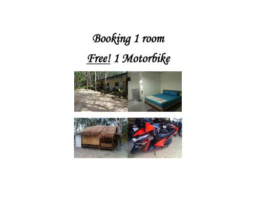 a collage of photos of a motorcycle and a room at Pitt Bungalow in Ko Lanta