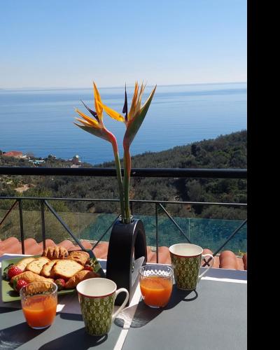 a table with a plate of food and a vase with a flower at Apollo Romantic Sea View Villa in Kivérion