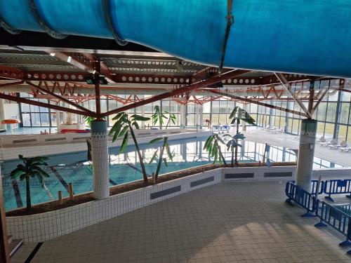 a large swimming pool with palm trees in a building at L' Oteni in Publier