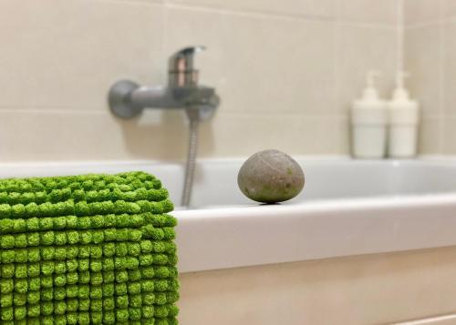 una esponja verde sentada en una bañera junto a un grifo en Cozy Danube Room - 15 mins to Downtown en Viena