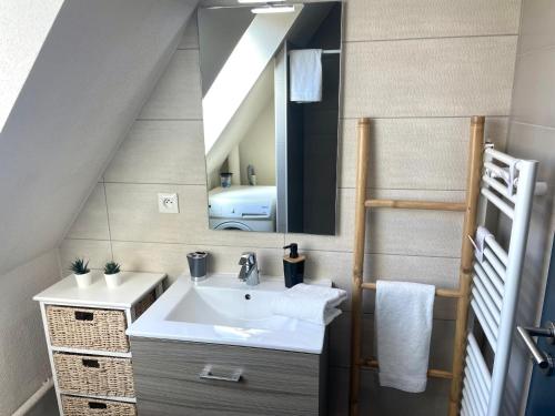 y baño con lavabo y espejo. en Gîte "Schongauer" hypercentre Colmar en Colmar