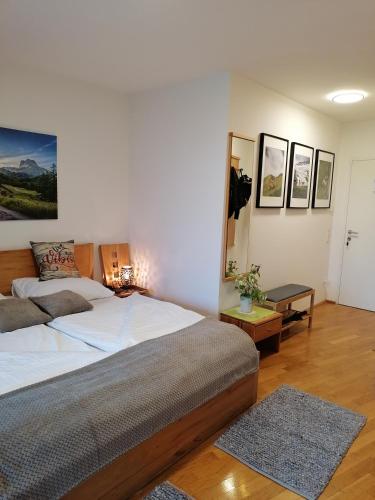 a bedroom with a large bed and a mirror at Studio Steinbocks Chill in Kaprun
