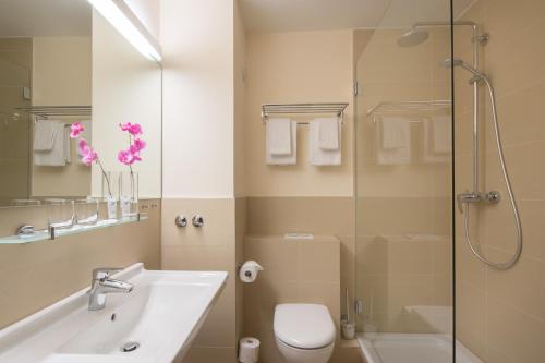 a bathroom with a shower and a sink and a toilet at Apartment-Hotel Hamburg Mitte in Hamburg
