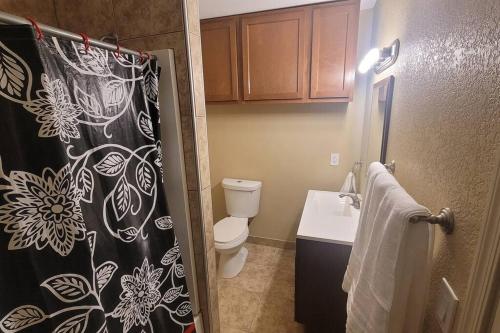 La salle de bains est pourvue de toilettes, d'un lavabo et d'un rideau de douche. dans l'établissement 3 Bedroom, 2 Bath Whole House, ASU, Tempe, Scottsdale on Light Rail, à Mesa