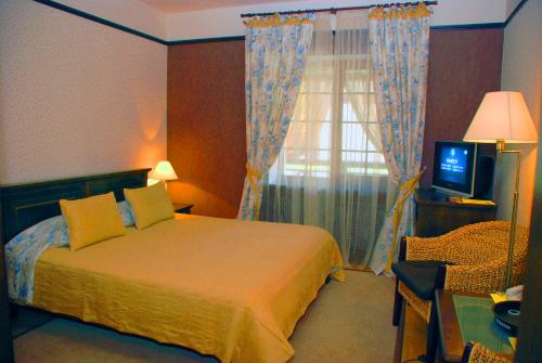 a hotel room with a bed and a television at Gogol Hotel in Myrhorod