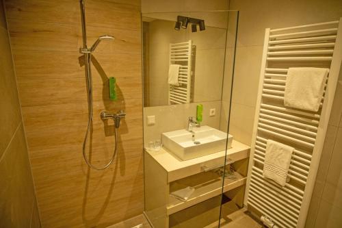 a bathroom with a sink and a shower at GUESTHOUSE FELSENLAND in Dahn