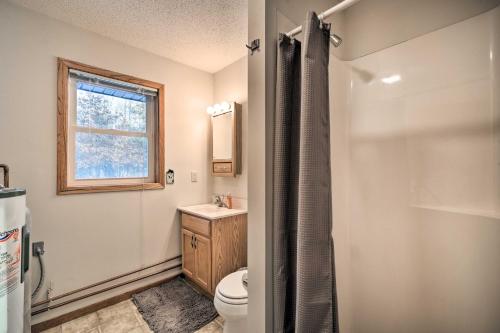 a bathroom with a toilet and a sink and a window at Wooded Danbury Cabin with Grill and Fire Pit! in Danbury