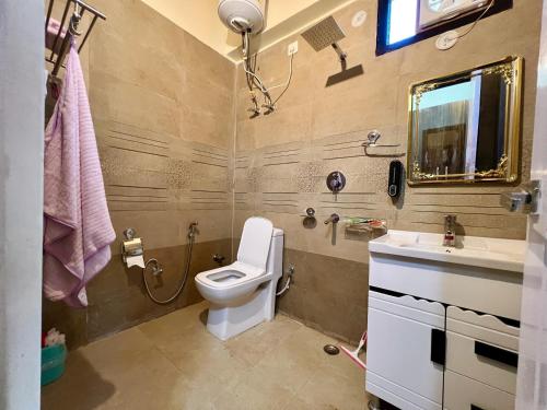 RAMSHILA COTTAGE في Bhowāli: حمام مع مرحاض ومغسلة ومرآة