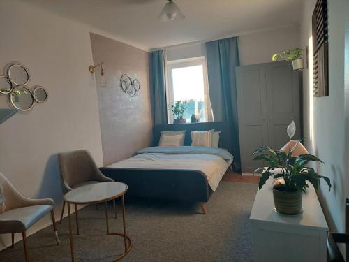 1 dormitorio con 1 cama, 2 sillas y ventana en Klimatyczne mieszkanie w doskonałej lokalizacji, en Varsovia