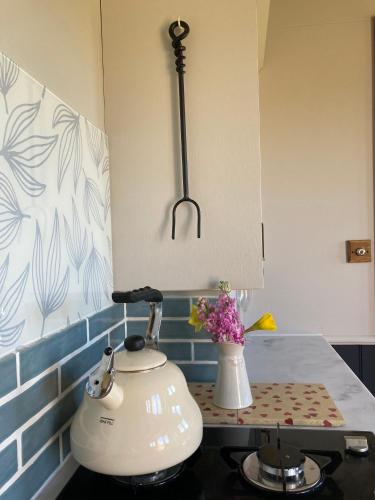 a kitchen with a tea kettle on a counter at Marsh Farm Glamping Flittermouse Shepherd Hut in Langport