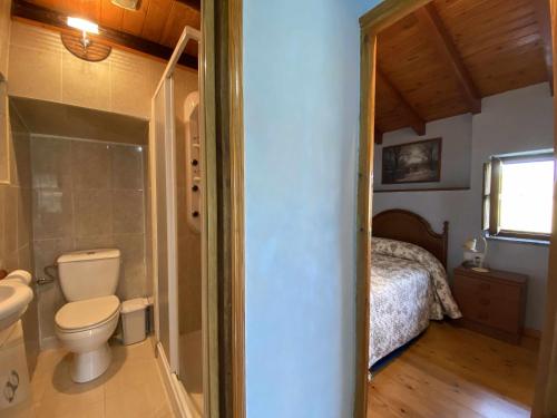 - une salle de bains avec toilettes et un lit dans une chambre dans l'établissement Casa El Marizal 1 Arriondas, à Arriondas