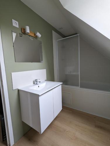 une salle de bain avec un lavabo et un miroir dans l'établissement La Petite Chaume, à Châteauroux