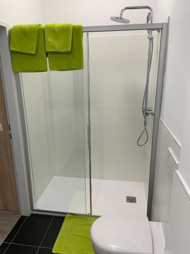 a bathroom with a shower with a toilet and a green towel at Hotel Garni Ilys Inn in Wels