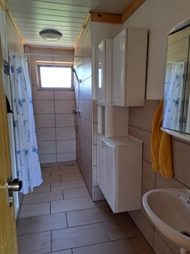 La petite salle de bains est pourvue d'un lavabo et de toilettes. dans l'établissement GLAMPING HOUSE RANČ LUŽE, à Luže