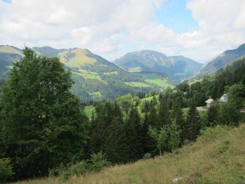 a view of a valley with trees and mountains at LATITUDE 47 in Châtel