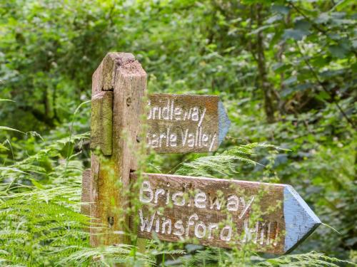 a wooden sign in the middle of a forest at Bradley Stables in Minehead