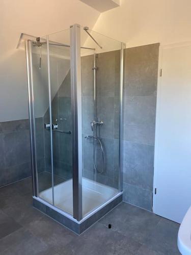 a shower with a glass door in a bathroom at Wunderschöne Ferienwohnung auf dem Bauernhof in Greven