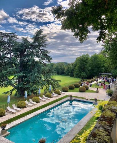 une piscine au milieu d'une pelouse avec des chaises et des arbres dans l'établissement Domaine Des Bidaudieres, à Vouvray
