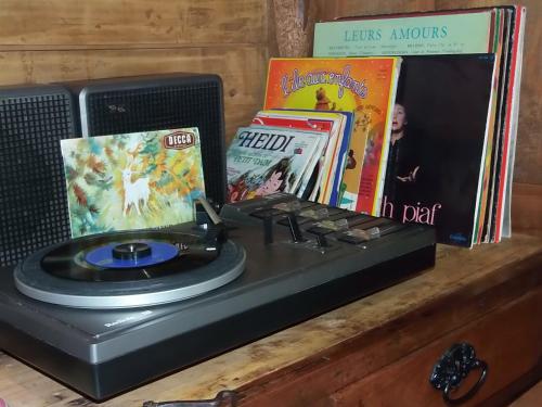 a table with a record player and books on it at Le Vallon d'Armandine, gîte écologique Auvergne in Saint-Hilaire