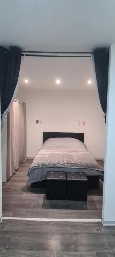1 dormitorio con 1 cama grande en una habitación con cortinas en LA FENSCH GIRALDA LUXEMBOURG., en Knutange