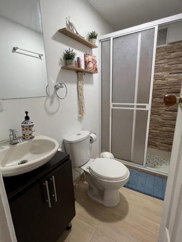 y baño con aseo, lavabo y ducha. en Apartamento Centro Histórico Popayán, en Popayán