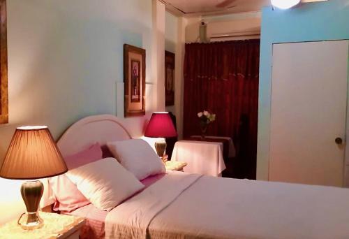 1 dormitorio con 1 cama y 2 mesas con lámparas en The Savannah is at your doorstep! en Puerto España