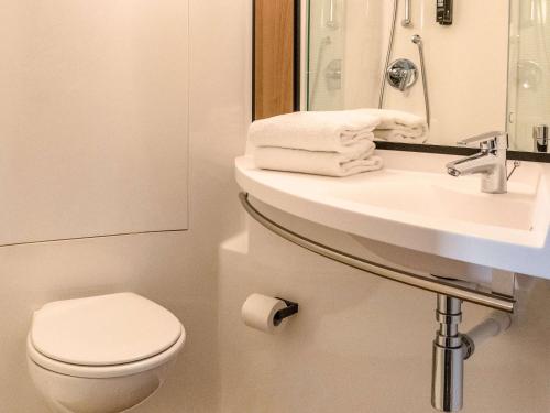 W łazience znajduje się umywalka, toaleta i lustro. w obiekcie ibis Albi w mieście Albi
