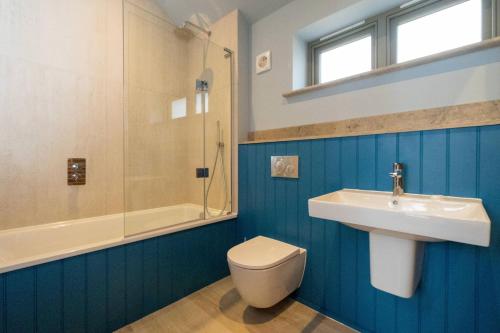 a blue bathroom with a sink and a toilet at Alde Bay Farm - Oyster Catcher in Aldeburgh