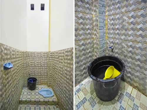 two pictures of a bathroom with a toilet and a bucket at OYO 92230 Penginapan Metro Parepare in Parepare