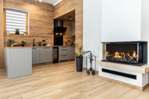 a kitchen and living room with a fireplace at udanypobyt Apartamenty Czorsztyn Panorama 2 B in Czorsztyn