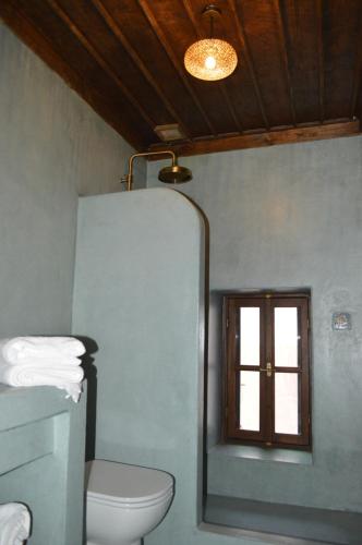 a bathroom with a toilet and a mirror at Casa Muse Kastellorizo Whole House in Meyisti