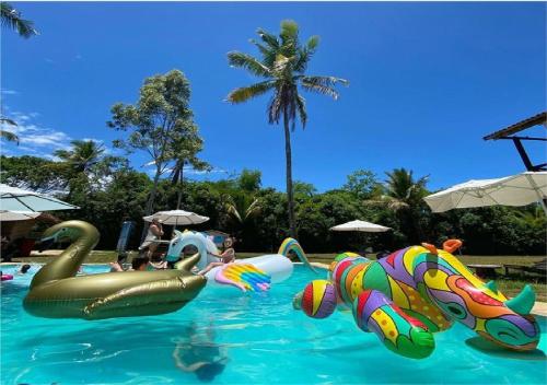 a pool with several inflatable animals in the water at Pousada Casarão de Itaúnas in Itaúnas