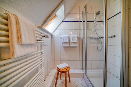a bathroom with a shower and a stool at Hotel Zur Eule in Oldenburg in Holstein