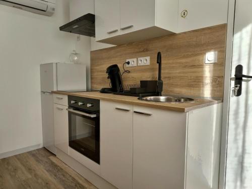 une petite cuisine avec des armoires blanches et un évier dans l'établissement Le Petit Evali - WIFI - Centre, à Albi