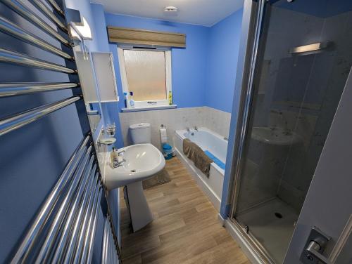 a blue bathroom with a sink and a shower at The Little Houses in Roybridge