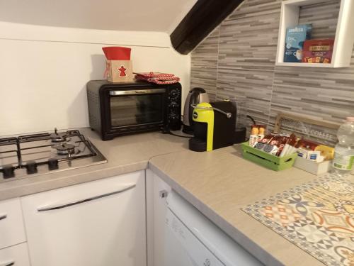 una cucina con piano di lavoro e forno a microonde di La Mole apartment a Torino