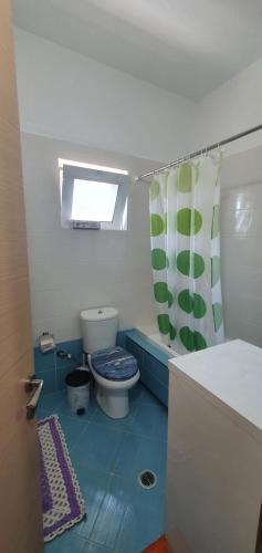 a bathroom with a toilet and a shower curtain at Margaret's Guest House in Mesopotam