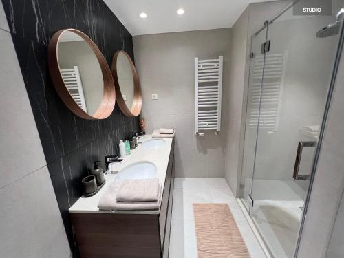 La salle de bains est pourvue d'un lavabo, d'une douche et d'un miroir. dans l'établissement BW TERRACE top floor apartments with river view & self check-in, à Belgrade