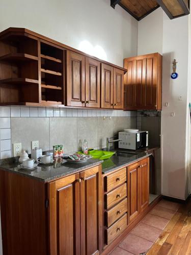 a kitchen with wooden cabinets and a counter top at Departamento Porá in Puerto Iguazú