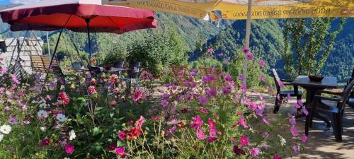 a garden with a table and umbrella and flowers at Betegi Guest House in Mestia